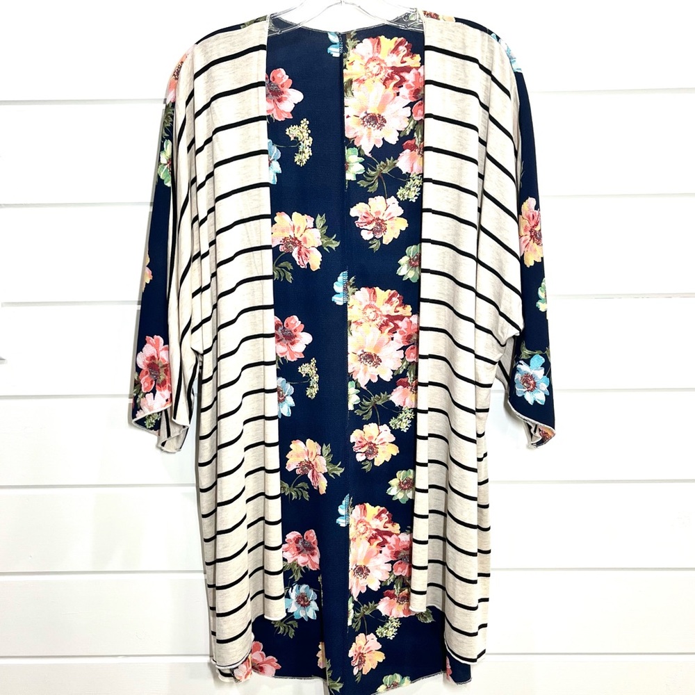 Mixed Print Kimono Cardigan Women S Navy Floral Striped Boho Cottagecore Casual